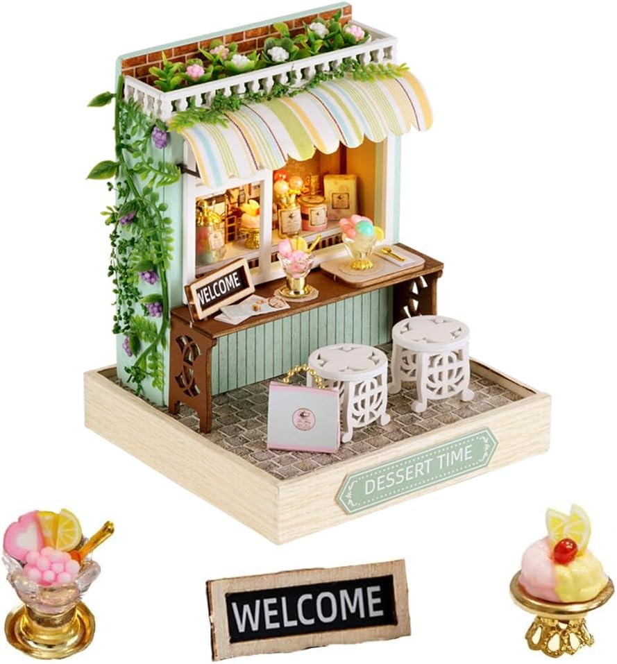 Miniature Doll House 3D Puzzle Assembly Building Model Kit , Dust Cover & Mini Furniture (Dessert Time)