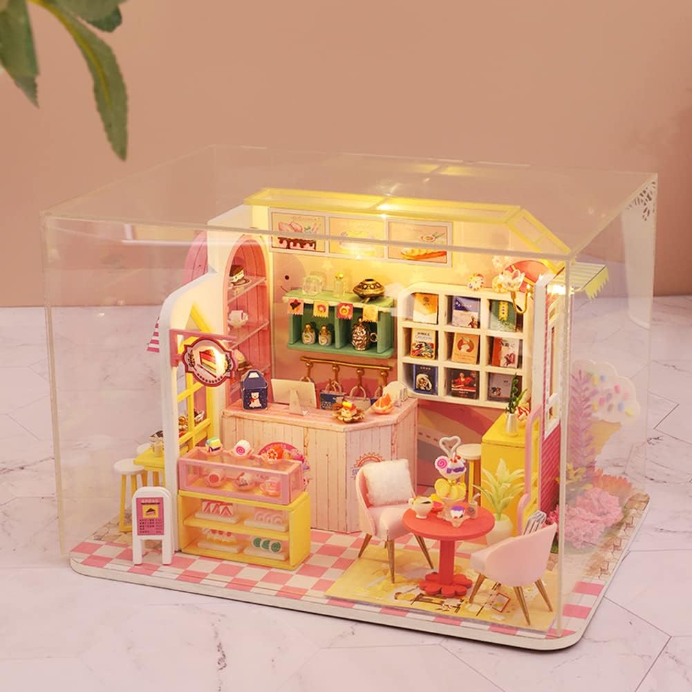 DIY Dessert House Building Model Handmade Wooden Doll House Kit Mini Furniture Kit with Dust Cover