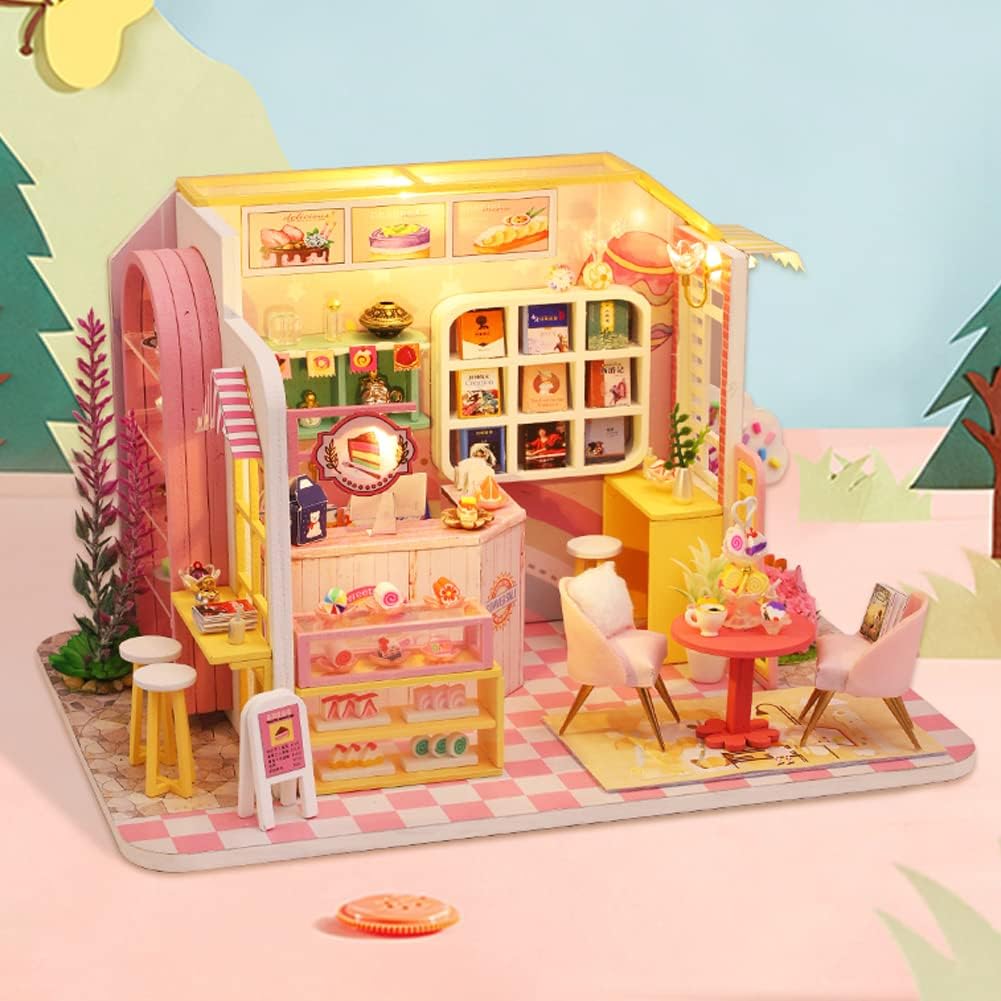 DIY Dessert House Building Model Handmade Wooden Doll House Kit Mini Furniture Kit with Dust Cover