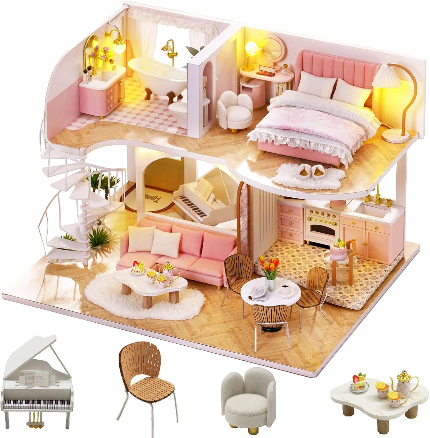 DIY 1:24 Miniature Dollhouse Kit with Music Box & Dust Cover