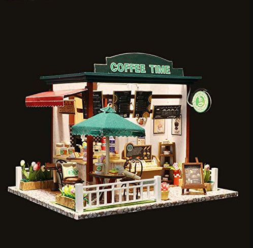 3D Puzzles Wooden Toy Miniature Dollhouse Handmade Doll House Model Building Kits Coffee House Toys