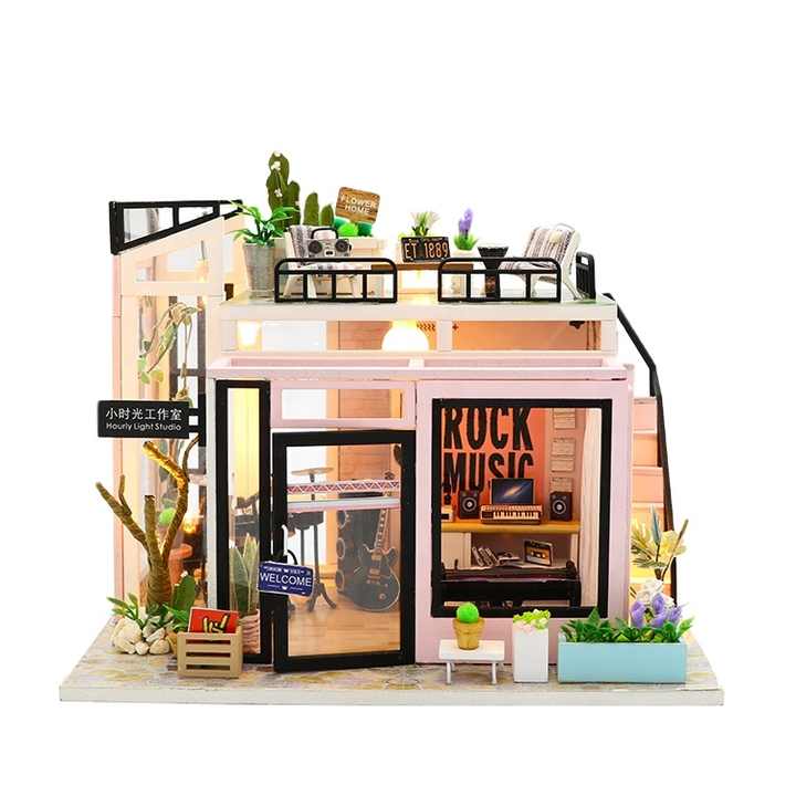 DIY Miniature Dollhouse Kits Hourly Light Studio House Sea Villa Wooden Doll House With Furniture Building Kids Toys Xmas Gifts