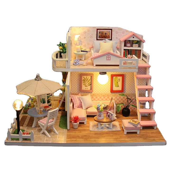 DIY Miniature Dollhouse Kits Hourly Light Studio House Sea Villa Wooden Doll House With Furniture Building