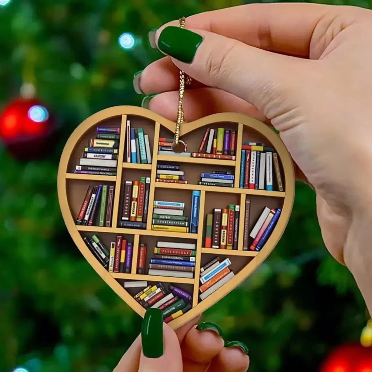 Book Lovers Heart Shaped Wood Christmas Tree Ornament