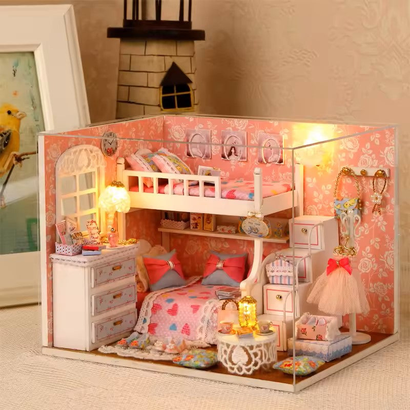 Kitten Mini Wooden Doll House Model Building Kits Toy Home Kit Creative Room Bedroom Decoration