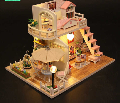 DIY Miniature Dollhouse Kits Hourly Light Studio House Sea Villa Wooden Doll House With Furniture Building