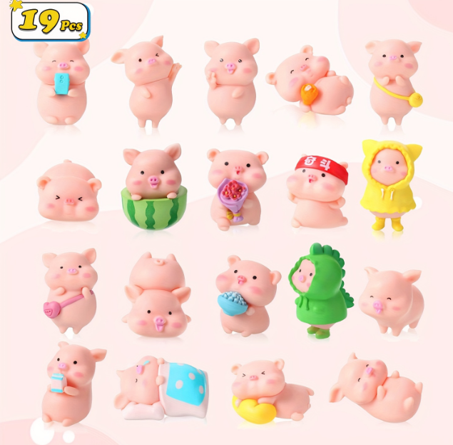 19 Pcs Miniature PVC Pig Figurines Toys Figure Animal Toys Set