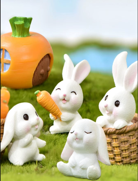 4PCS-Miniature Rabbit Model Mini Bunny Figurine Desktop Garden Landscape Ornament Resin Craft Easter Cute Home Office Deco