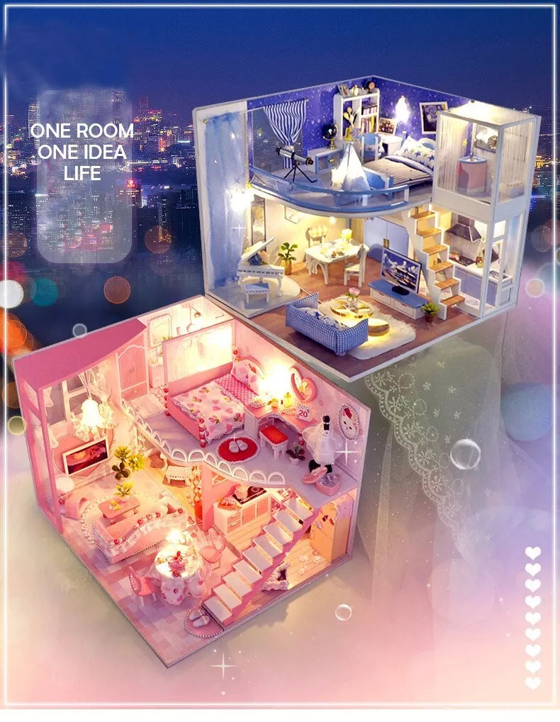 Wooden Miniature Dollhouse Kit with LED Lights