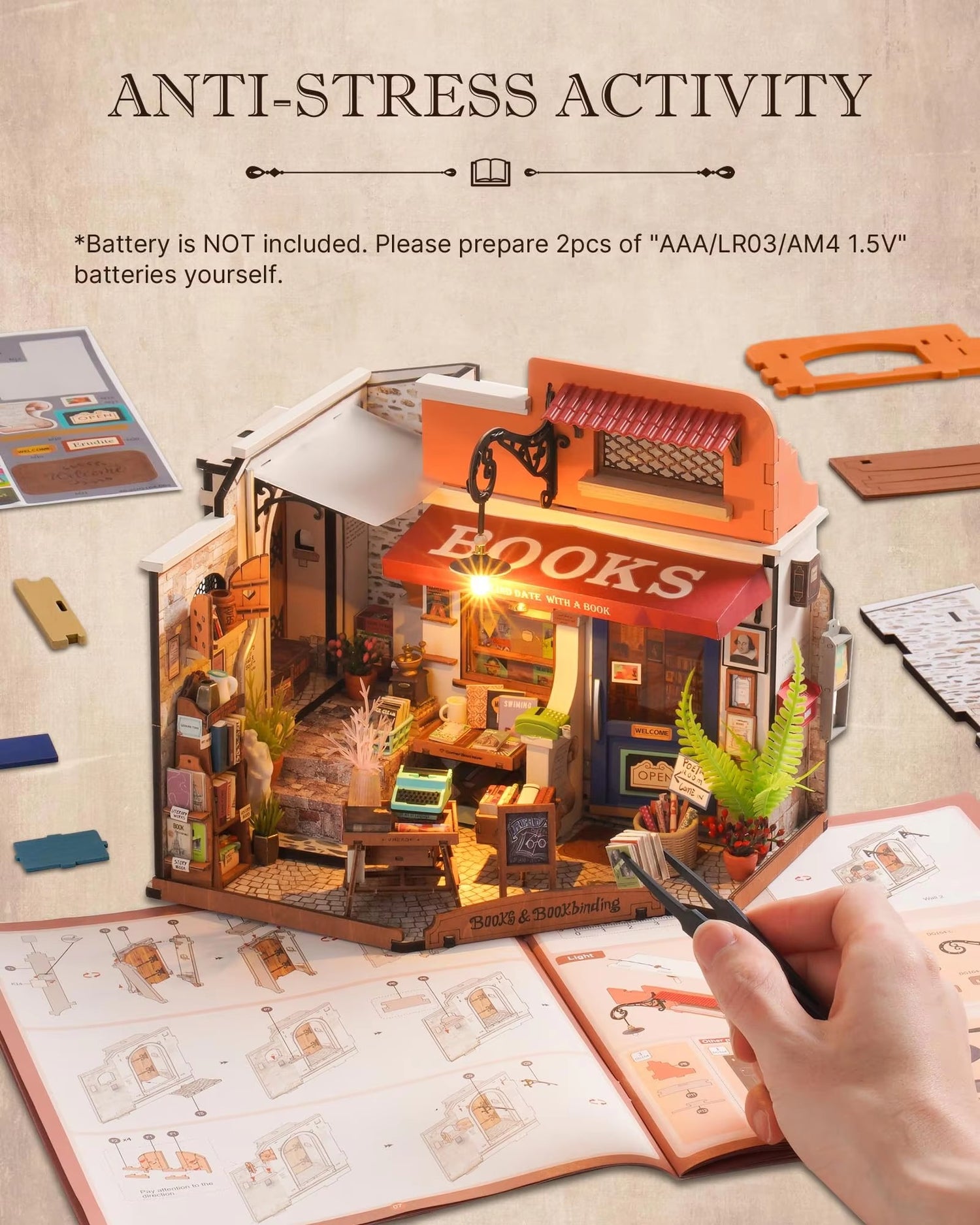 Miniature Bookshop Dollhouse Kit with LED Lights – Cozy DIY Bookstore Scene, 1:20 Scale