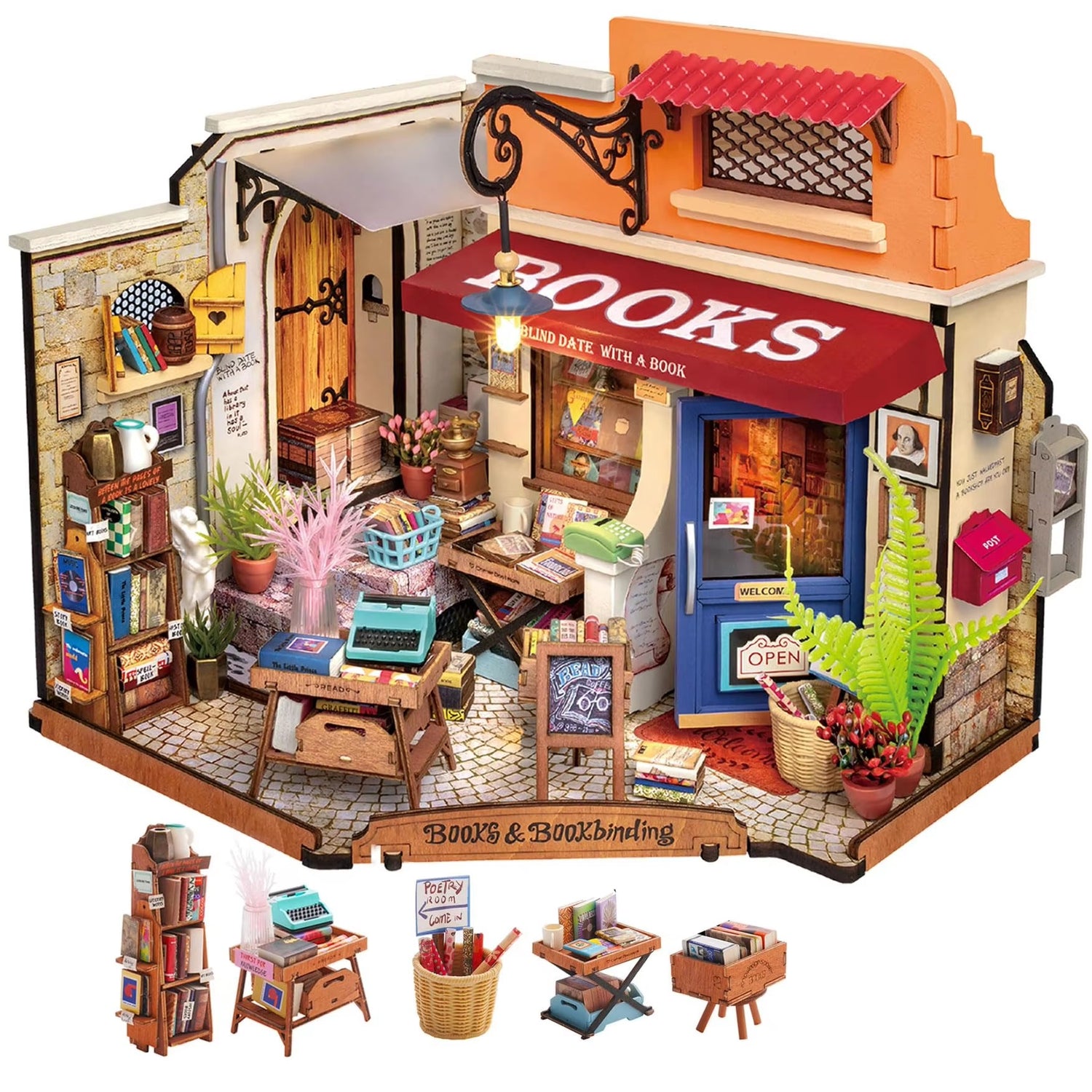 Miniature Bookshop Dollhouse Kit with LED Lights – Cozy DIY Bookstore Scene, 1:20 Scale